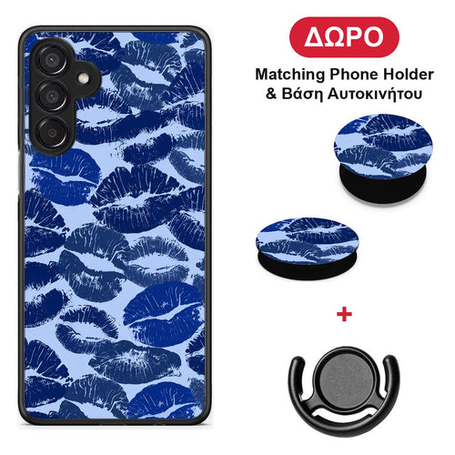 Blue Lipstick Kisses - Samsung Galaxy M15 θήκη + Δώρο Phone Holder & Βάση Αυτοκινήτου