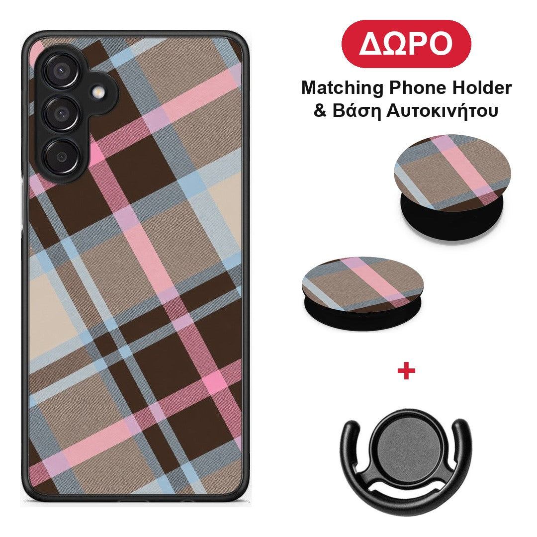 Brown Pink and Blue Diagonal Plaid - Samsung Galaxy M15 θήκη + Δώρο Phone Holder & Βάση Αυτοκινήτου