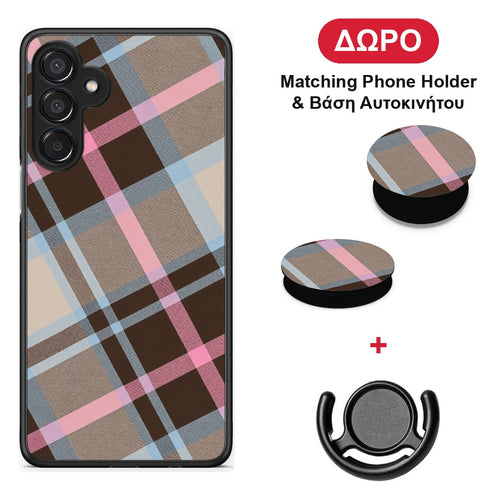 Brown Pink and Blue Diagonal Plaid - Samsung Galaxy M15 θήκη + Δώρο Phone Holder & Βάση Αυτοκινήτου