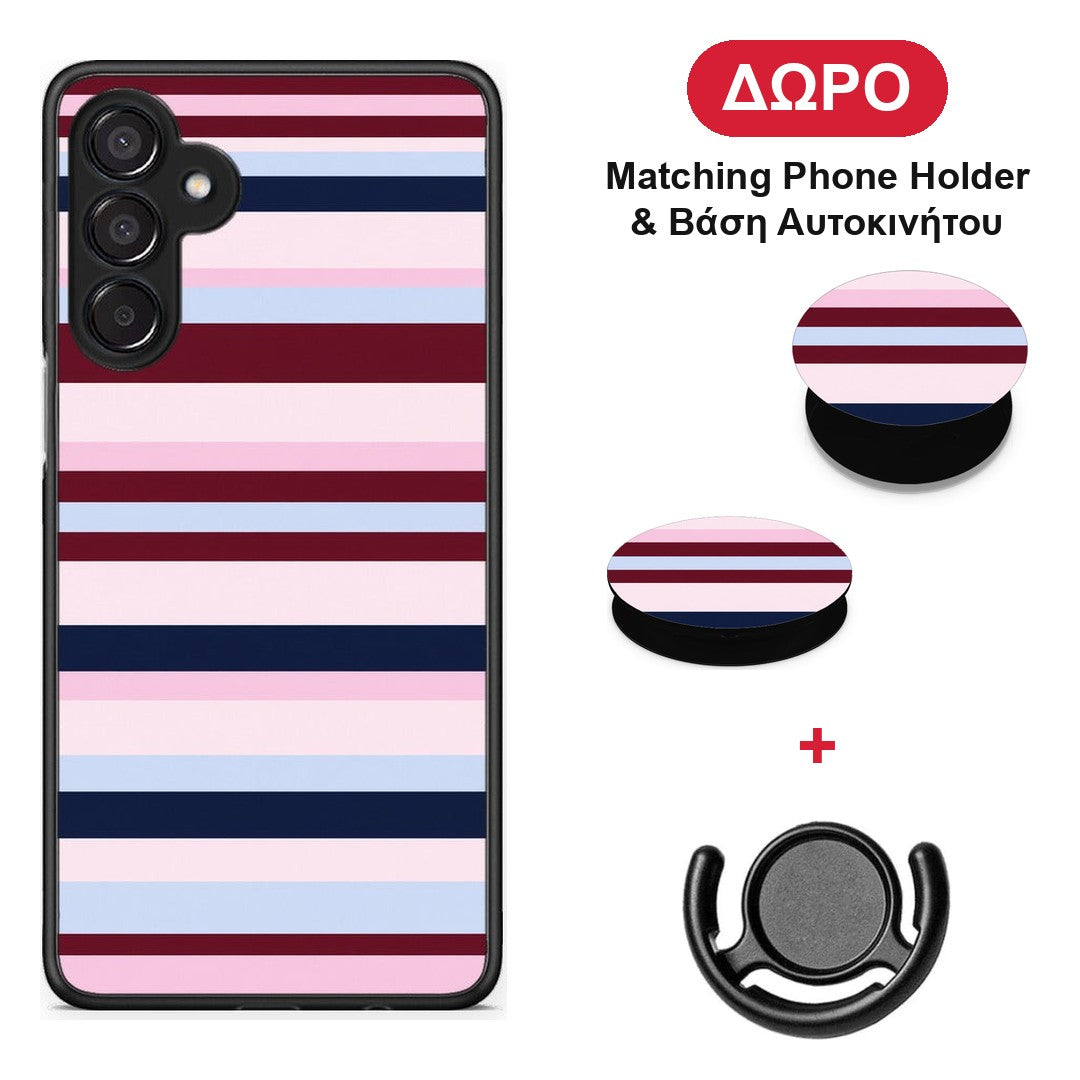 Burgundy Pink and Blue Horizontal Stripes - Samsung Galaxy M15 θήκη + Δώρο Phone Holder & Βάση Αυτοκινήτου