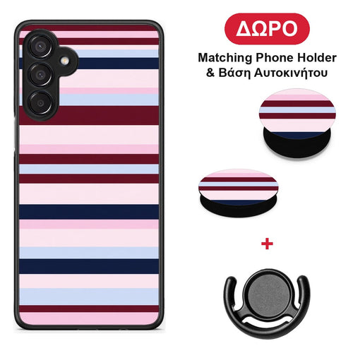 Burgundy Pink and Blue Horizontal Stripes - Samsung Galaxy M15 θήκη + Δώρο Phone Holder & Βάση Αυτοκινήτου
