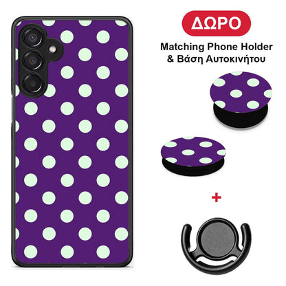 Mint Polka Dots on Purple - Samsung Galaxy M15 θήκη + Δώρο Phone Holder & Βάση Αυτοκινήτου