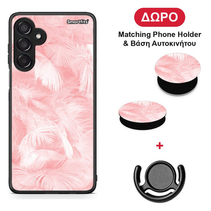 Boho Pink Feather - Samsung Galaxy M15 θήκη + Δώρο Phone Holder & Βάση Αυτοκινήτου