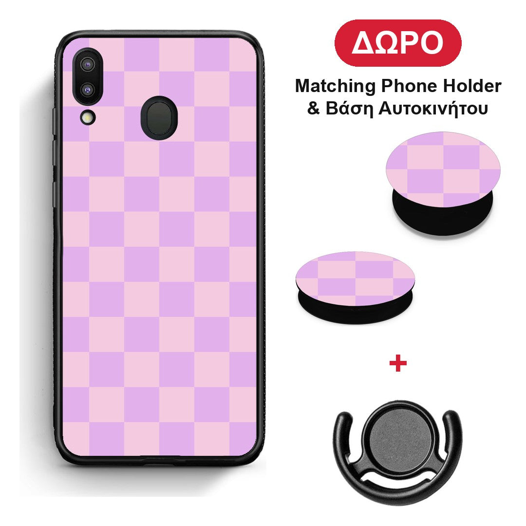Lavender and Pink Checkerboard - Samsung Galaxy M20 θήκη + Δώρο Phone Holder & Βάση Αυτοκινήτου