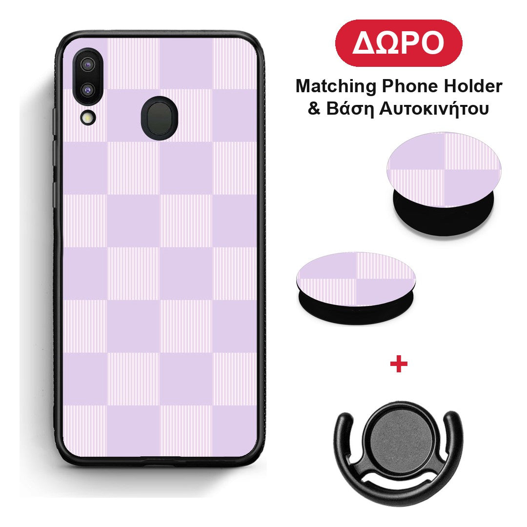 Lilac and Cream Striped Checks - Samsung Galaxy M20 θήκη + Δώρο Phone Holder & Βάση Αυτοκινήτου