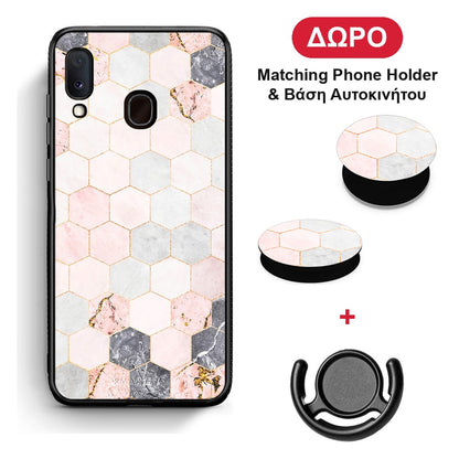 Marble Hexagon Pink - Samsung Galaxy M20 θήκη + Δώρο Phone Holder & Βάση Αυτοκινήτου
