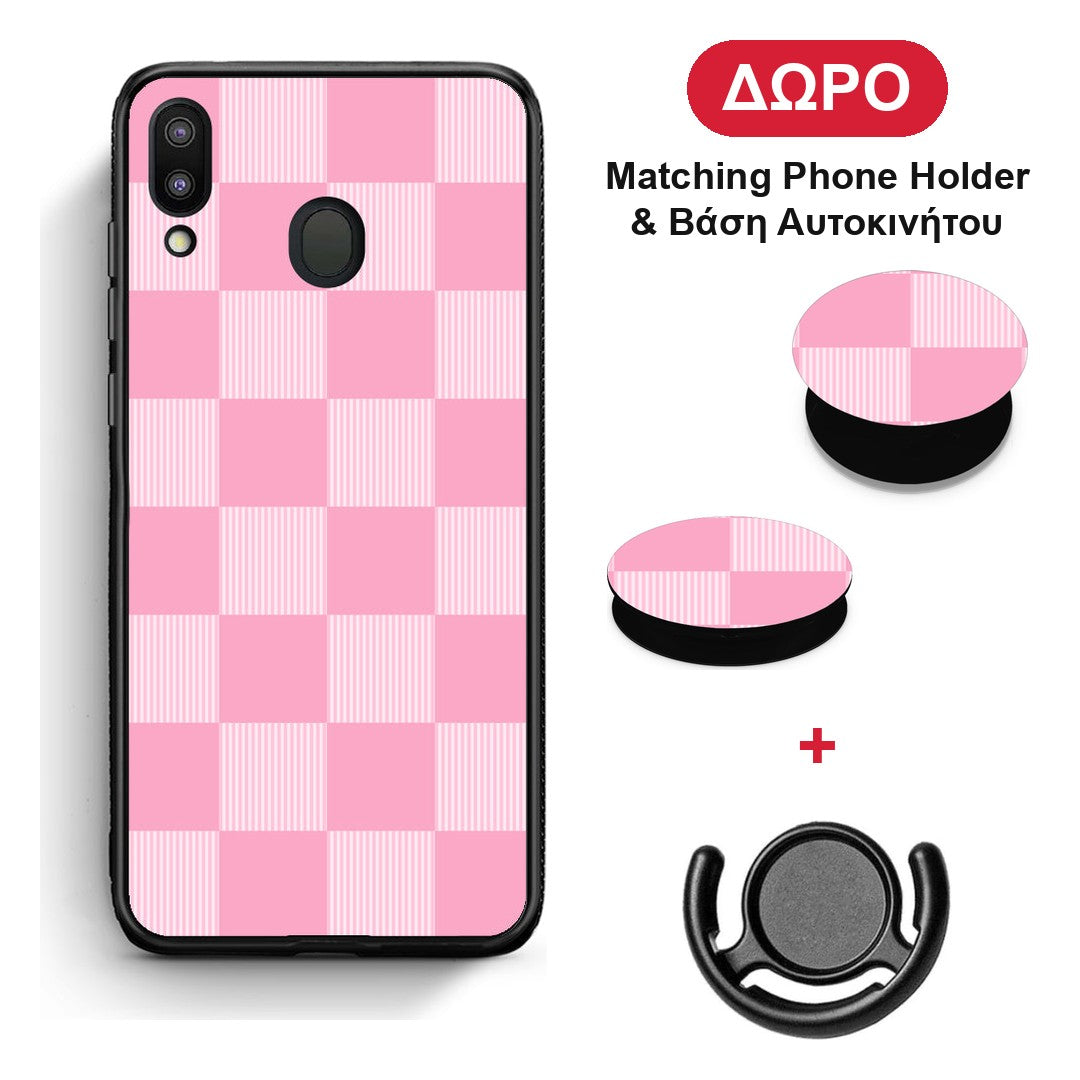 Pink and White Striped Checks - Samsung Galaxy M20 θήκη + Δώρο Phone Holder & Βάση Αυτοκινήτου