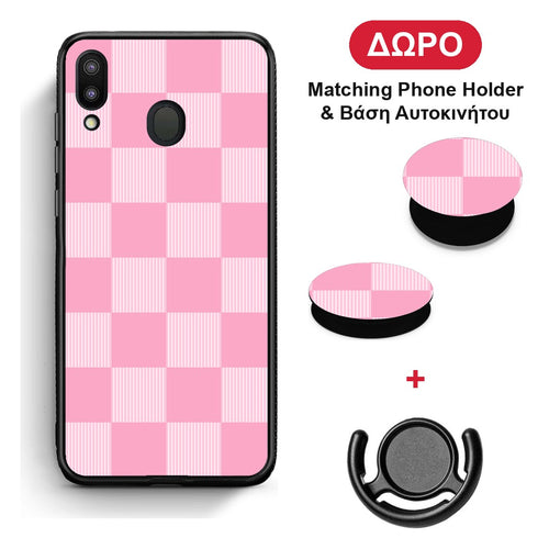 Pink and White Striped Checks - Samsung Galaxy M20 θήκη + Δώρο Phone Holder & Βάση Αυτοκινήτου