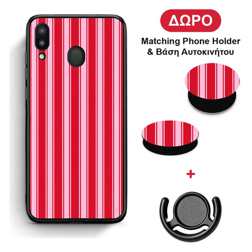 Red and Pink Vertical Pinstripes - Samsung Galaxy M20 θήκη + Δώρο Phone Holder & Βάση Αυτοκινήτου
