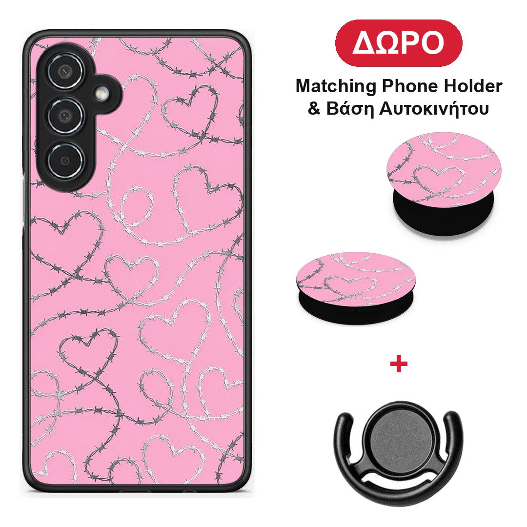 Barbed Wire Hearts on Pink - Samsung Galaxy M35 5G θήκη + Δώρο Phone Holder & Βάση Αυτοκινήτου