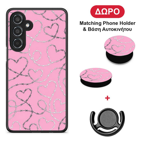 Barbed Wire Hearts on Pink - Samsung Galaxy M35 5G θήκη + Δώρο Phone Holder & Βάση Αυτοκινήτου