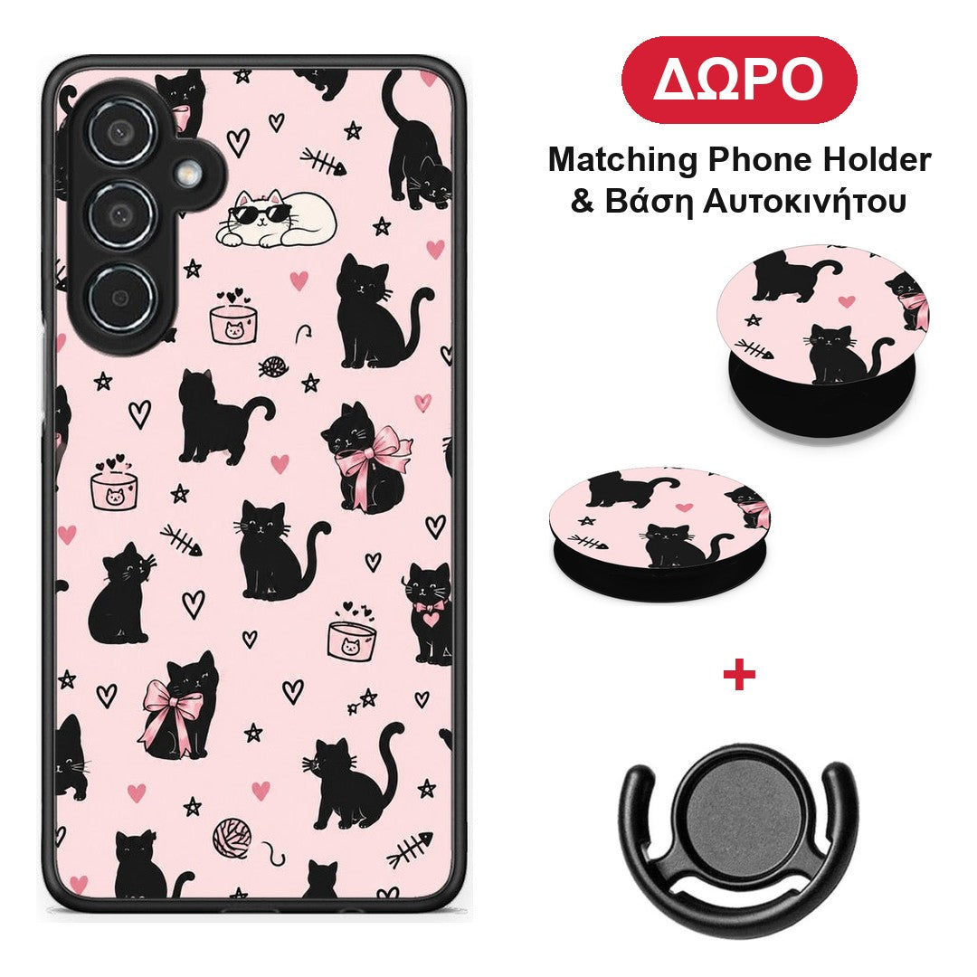 Black Cat Doodles on Pink - Samsung Galaxy M35 5G θήκη + Δώρο Phone Holder & Βάση Αυτοκινήτου