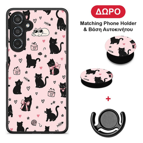 Black Cat Doodles on Pink - Samsung Galaxy M35 5G θήκη + Δώρο Phone Holder & Βάση Αυτοκινήτου