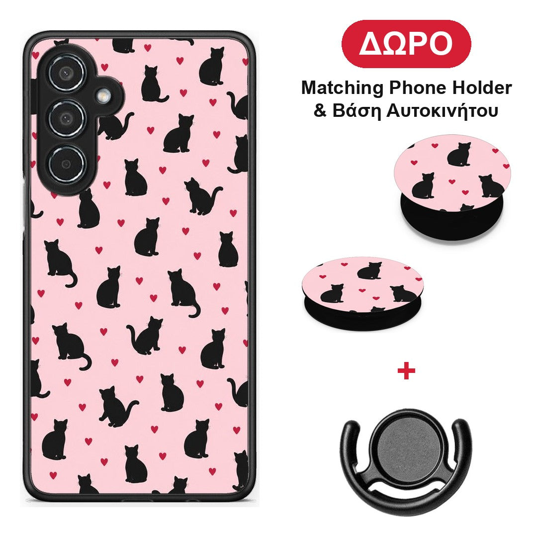 Black Cat Silhouettes and Hearts on Pink - Samsung Galaxy M35 5G θήκη + Δώρο Phone Holder & Βάση Αυτοκινήτου
