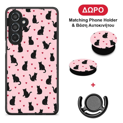 Black Cat Silhouettes and Hearts on Pink - Samsung Galaxy M35 5G θήκη + Δώρο Phone Holder & Βάση Αυτοκινήτου
