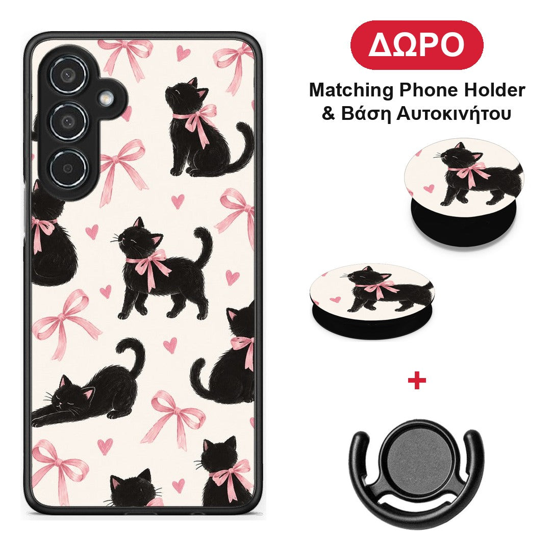 Black Kittens and Pink Bows on Cream Large - Samsung Galaxy M35 5G θήκη + Δώρο Phone Holder & Βάση Αυτοκινήτου
