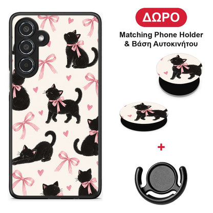 Black Kittens and Pink Bows on Cream Large - Samsung Galaxy M35 5G θήκη + Δώρο Phone Holder & Βάση Αυτοκινήτου