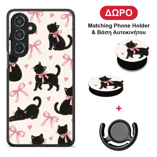 Black Kittens and Pink Bows on Cream Large - Samsung Galaxy M35 5G θήκη + Δώρο Phone Holder & Βάση Αυτοκινήτου