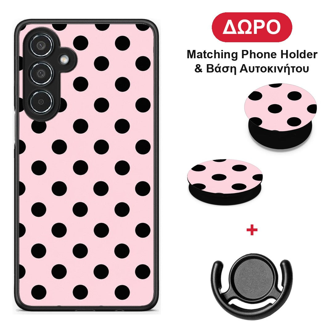 Black Polka Dots on Pink - Samsung Galaxy M35 5G θήκη + Δώρο Phone Holder & Βάση Αυτοκινήτου