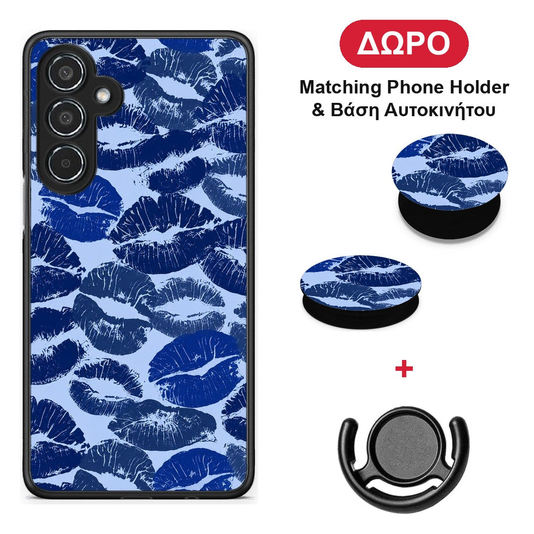 Blue Lipstick Kisses - Samsung Galaxy M35 5G θήκη + Δώρο Phone Holder & Βάση Αυτοκινήτου