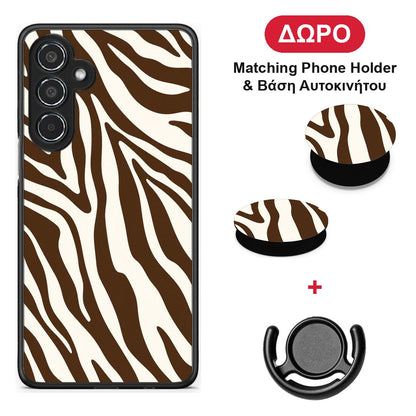 Brown and Cream Zebra Stripes - Samsung Galaxy M35 5G θήκη + Δώρο Phone Holder & Βάση Αυτοκινήτου