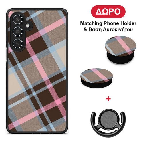 Brown Pink and Blue Diagonal Plaid - Samsung Galaxy M35 5G θήκη + Δώρο Phone Holder & Βάση Αυτοκινήτου