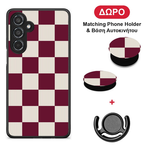 Burgundy and Cream Striped Checks - Samsung Galaxy M35 5G θήκη + Δώρο Phone Holder & Βάση Αυτοκινήτου