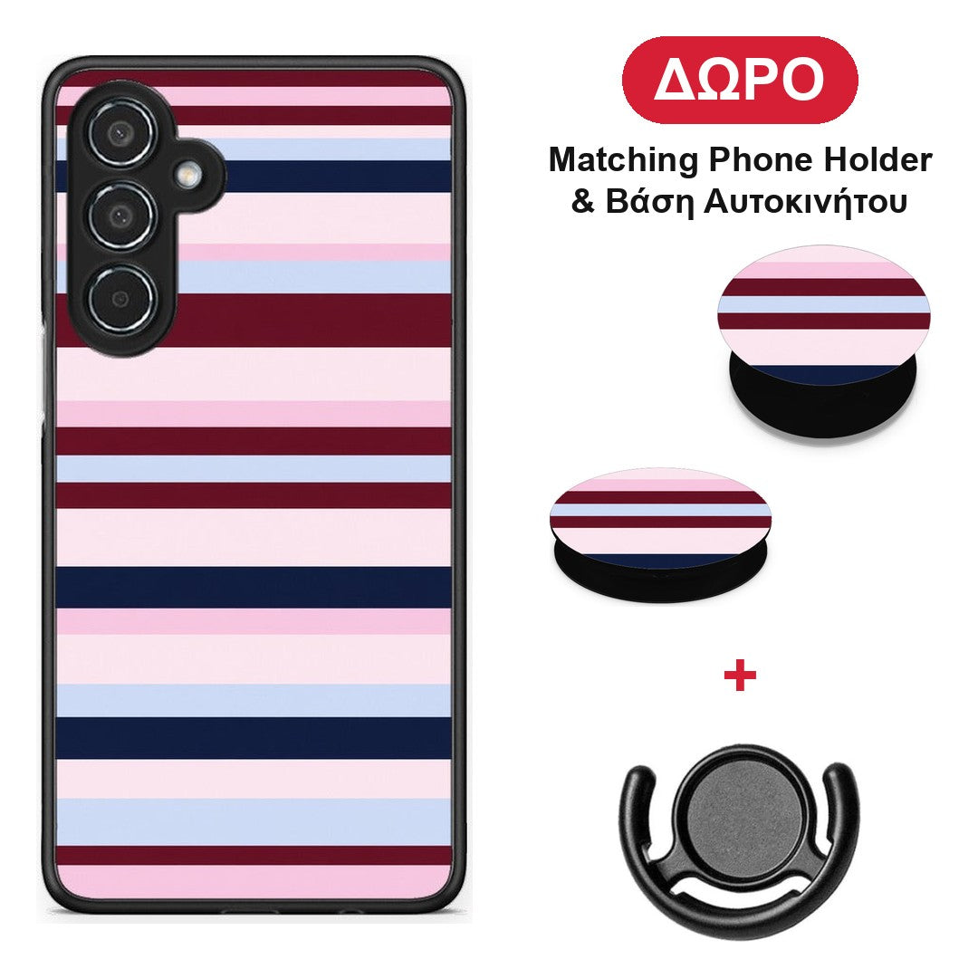 Burgundy Pink and Blue Horizontal Stripes - Samsung Galaxy M35 5G θήκη + Δώρο Phone Holder & Βάση Αυτοκινήτου