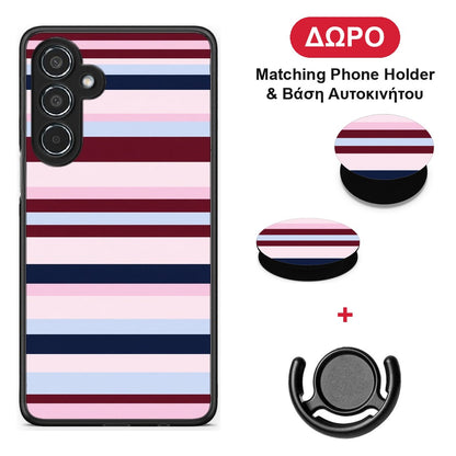 Burgundy Pink and Blue Horizontal Stripes - Samsung Galaxy M35 5G θήκη + Δώρο Phone Holder & Βάση Αυτοκινήτου
