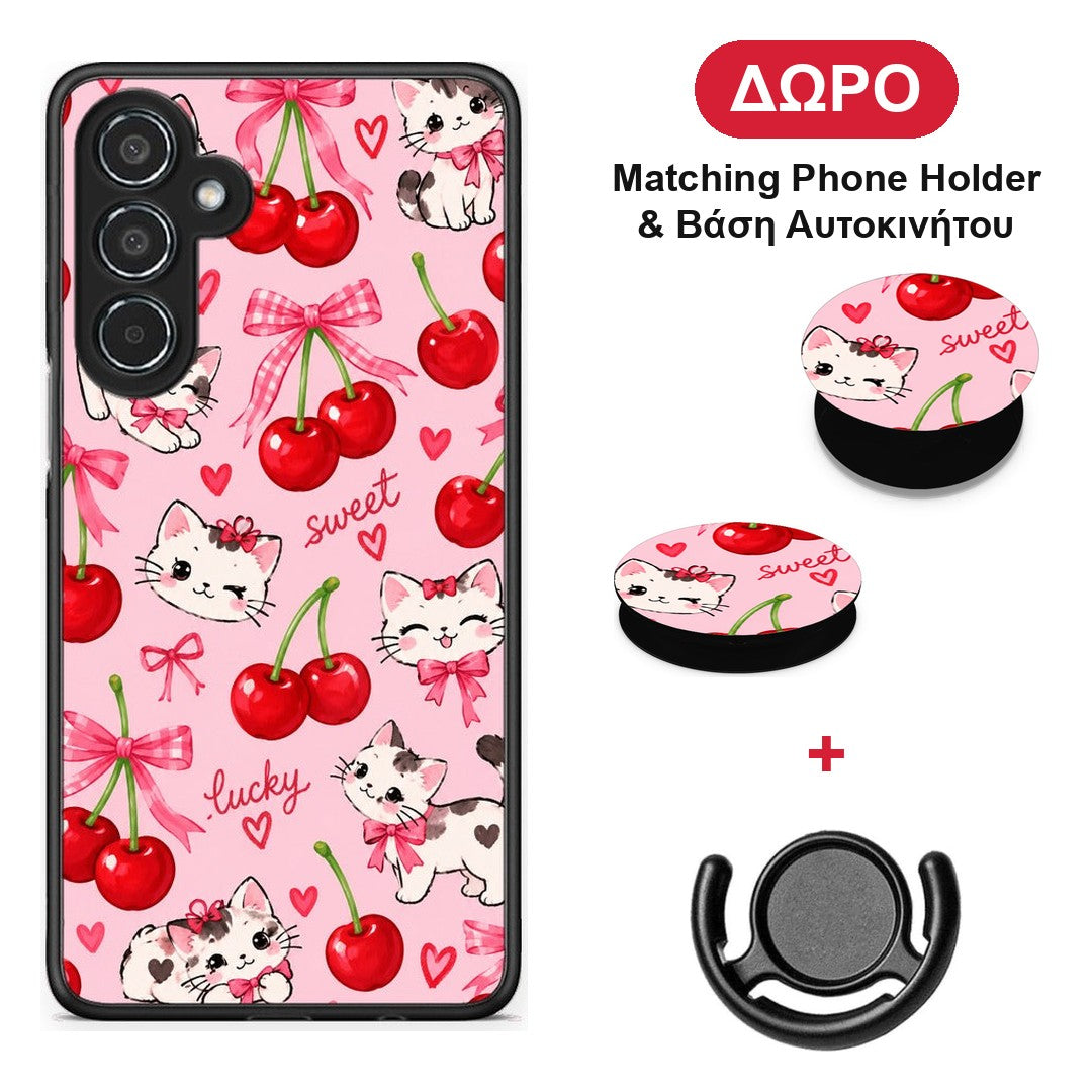 Cherries Bows and Kittens on Pink - Samsung Galaxy M35 5G θήκη + Δώρο Phone Holder & Βάση Αυτοκινήτου
