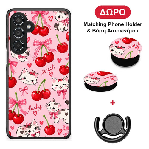 Cherries Bows and Kittens on Pink - Samsung Galaxy M35 5G θήκη + Δώρο Phone Holder & Βάση Αυτοκινήτου
