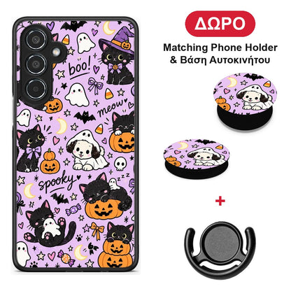 Halloween Black Cats on Lilac - Samsung Galaxy M35 5G θήκη + Δώρο Phone Holder & Βάση Αυτοκινήτου