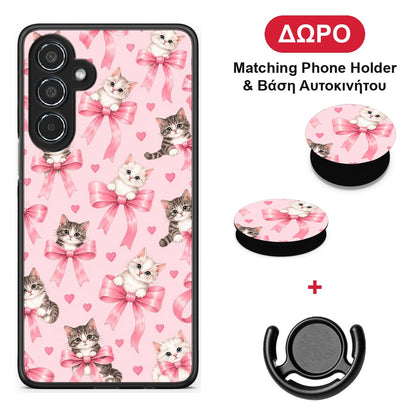 Kittens and Pink Bows on Pink - Samsung Galaxy M35 5G θήκη + Δώρο Phone Holder & Βάση Αυτοκινήτου