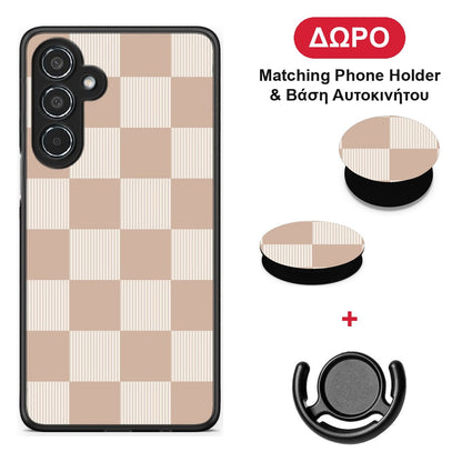 Latte and Cream Striped Checks - Samsung Galaxy M35 5G θήκη + Δώρο Phone Holder & Βάση Αυτοκινήτου