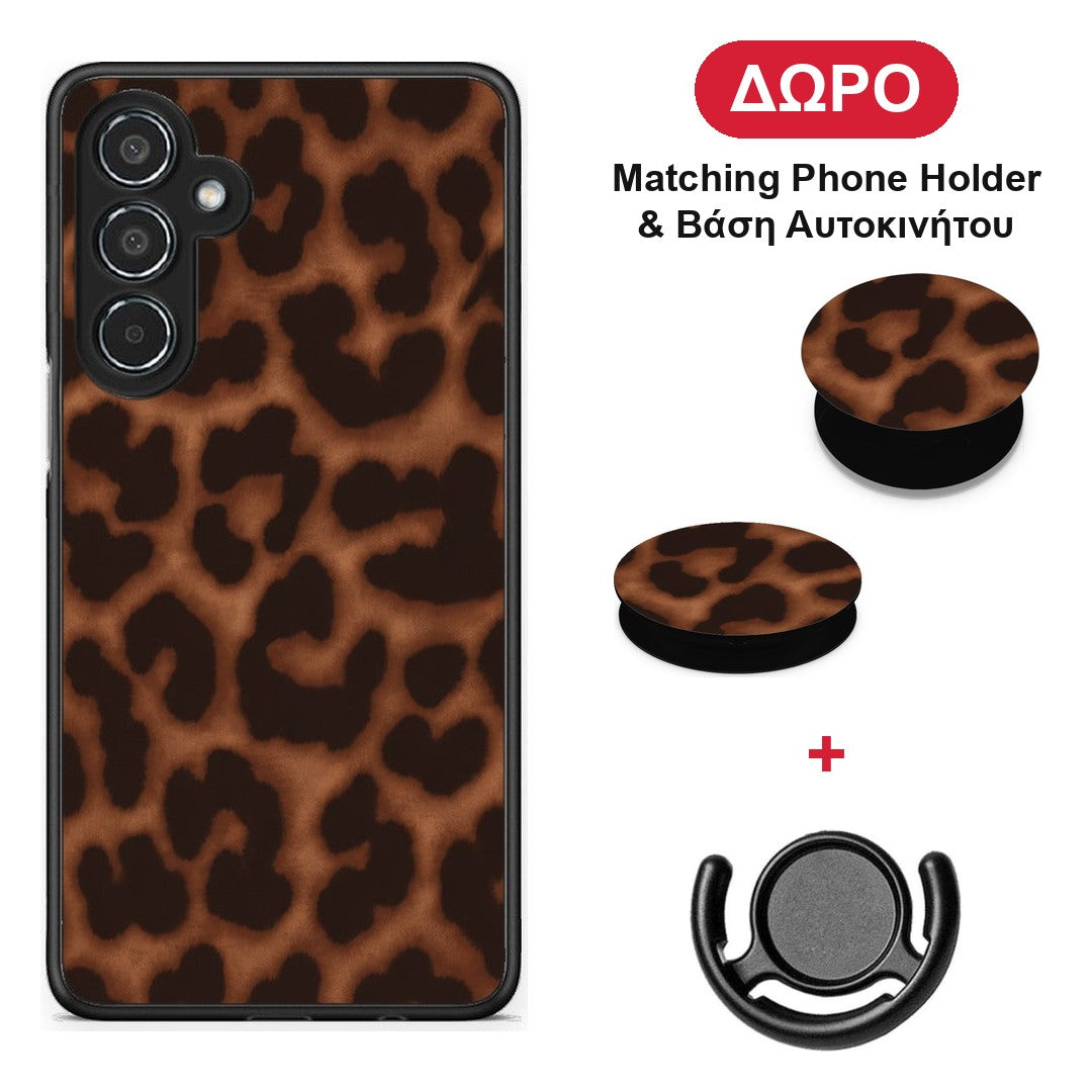 Leopard Print Dark Brown - Samsung Galaxy M35 5G θήκη + Δώρο Phone Holder & Βάση Αυτοκινήτου