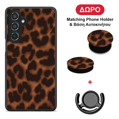 Leopard Print Dark Brown - Samsung Galaxy M35 5G θήκη + Δώρο Phone Holder & Βάση Αυτοκινήτου