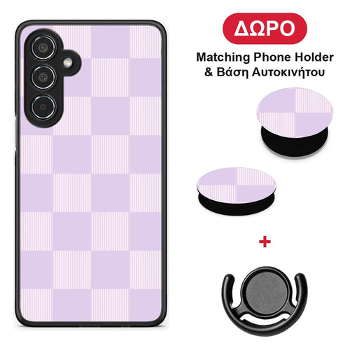 Lilac and Cream Striped Checks - Samsung Galaxy M35 5G θήκη + Δώρο Phone Holder & Βάση Αυτοκινήτου