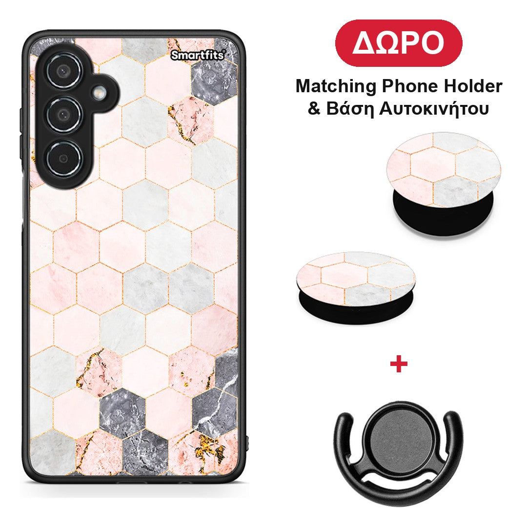 Marble Hexagon Pink - Samsung Galaxy M35 5G θήκη + Δώρο Phone Holder & Βάση Αυτοκινήτου