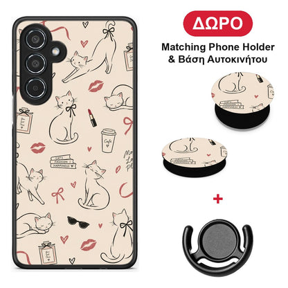 Minimal Cat and Fashion Doodles on Cream - Samsung Galaxy M35 5G θήκη + Δώρο Phone Holder & Βάση Αυτοκινήτου