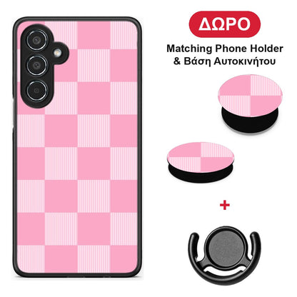 Pink and White Striped Checks - Samsung Galaxy M35 5G θήκη + Δώρο Phone Holder & Βάση Αυτοκινήτου