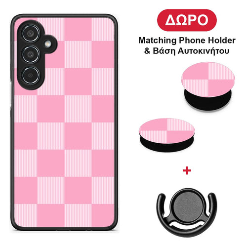Pink and White Striped Checks - Samsung Galaxy M35 5G θήκη + Δώρο Phone Holder & Βάση Αυτοκινήτου