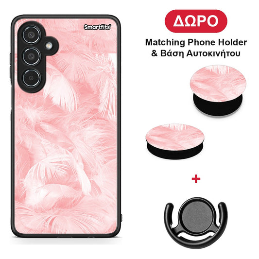 Boho Pink Feather - Samsung Galaxy M35 5G θήκη + Δώρο Phone Holder & Βάση Αυτοκινήτου