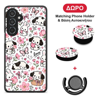 Pink Florals Puppies and Bunnies on White - Samsung Galaxy M35 5G θήκη + Δώρο Phone Holder & Βάση Αυτοκινήτου