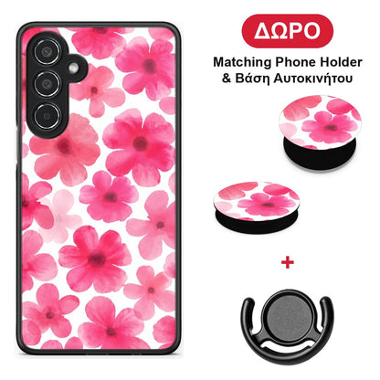 Pink Watercolour Flowers on White - Samsung Galaxy M35 5G θήκη + Δώρο Phone Holder & Βάση Αυτοκινήτου