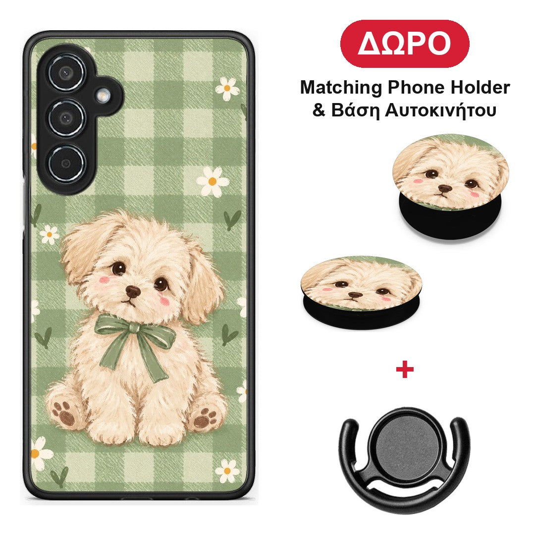 Puppy and Daisies on Sage Gingham - Samsung Galaxy M35 5G θήκη + Δώρο Phone Holder & Βάση Αυτοκινήτου