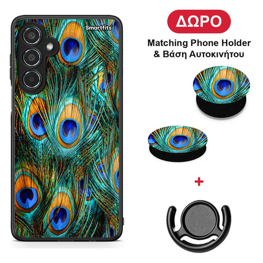Real Peacock Feathers - Samsung Galaxy M35 5G θήκη + Δώρο Phone Holder & Βάση Αυτοκινήτου