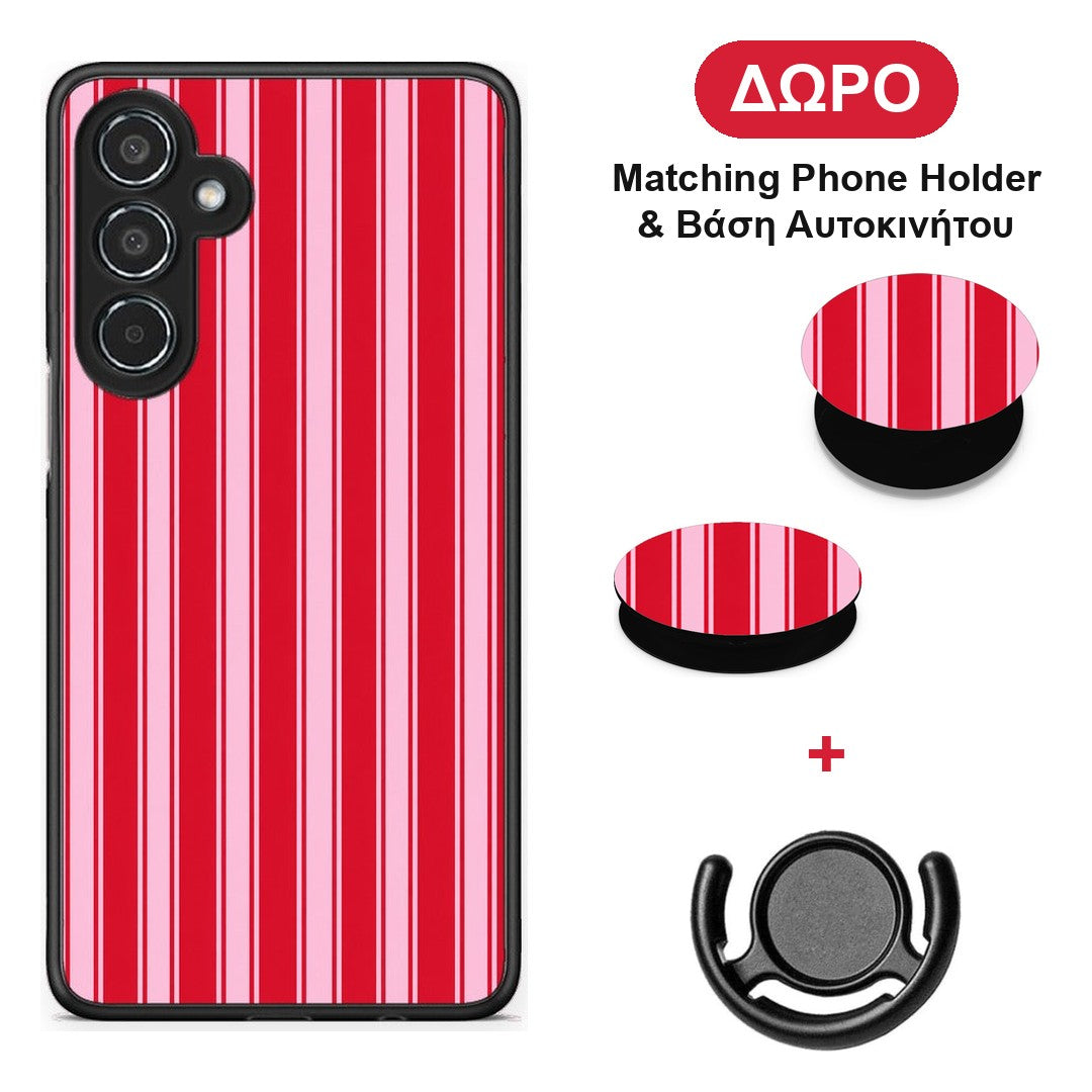 Red and Pink Vertical Pinstripes - Samsung Galaxy M35 5G θήκη + Δώρο Phone Holder & Βάση Αυτοκινήτου