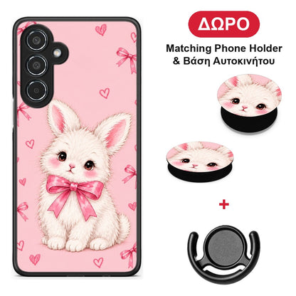 White Bunny and Pink Bows - Samsung Galaxy M35 5G θήκη + Δώρο Phone Holder & Βάση Αυτοκινήτου
