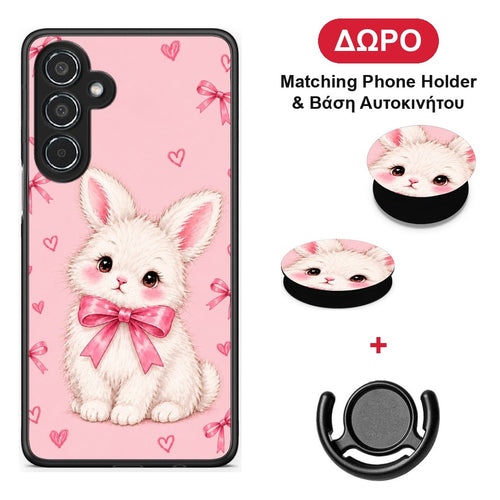 White Bunny and Pink Bows - Samsung Galaxy M35 5G θήκη + Δώρο Phone Holder & Βάση Αυτοκινήτου