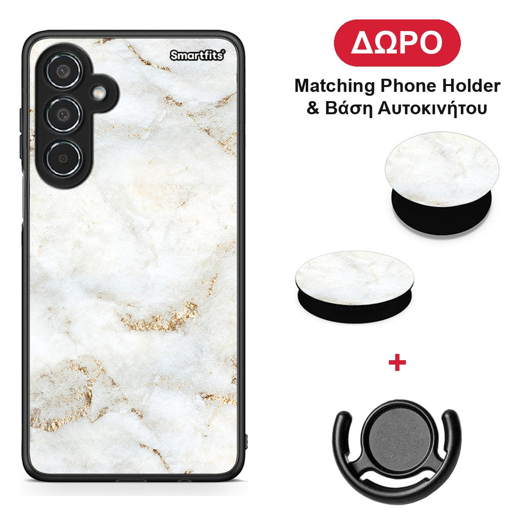 White Gold Marble - Samsung Galaxy M35 5G θήκη + Δώρο Phone Holder & Βάση Αυτοκινήτου
